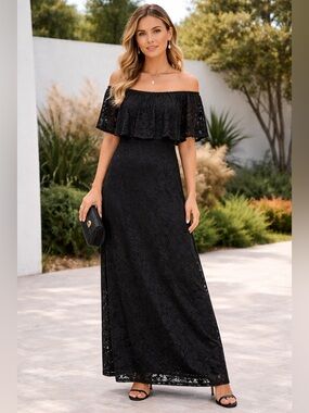 Ellen Weaver Black Lace Maxi with Draped Capelet